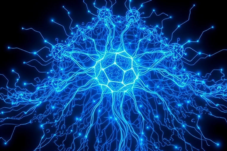"Electric blue and cyan circuit patterns swirl around a massive, glowing neural network with pulsing nodes and tendrils, set against a dark background with hints of neon light and abstract shapes, rep