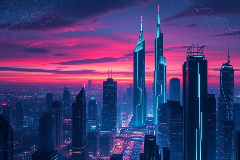 "A futuristic cityscape at dusk with towering skyscrapers and neon electric blue and cyan circuitry patterns illuminating the darkening sky, amidst swirling abstract neural networks and a backdrop of 