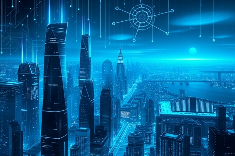 "A futuristic digital cityscape with electric blue and cyan accents, dark skyscrapers, and circuit patterns. Abstract neural networks and glowing circuitry illuminate the background, with a subtle sea