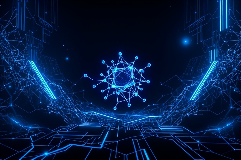 "Generate a futuristic digital art scene with a dark background, electric blue and cyan accents, abstract neural network patterns, circuitry lines, and a large, glowing neural net structure in the cen