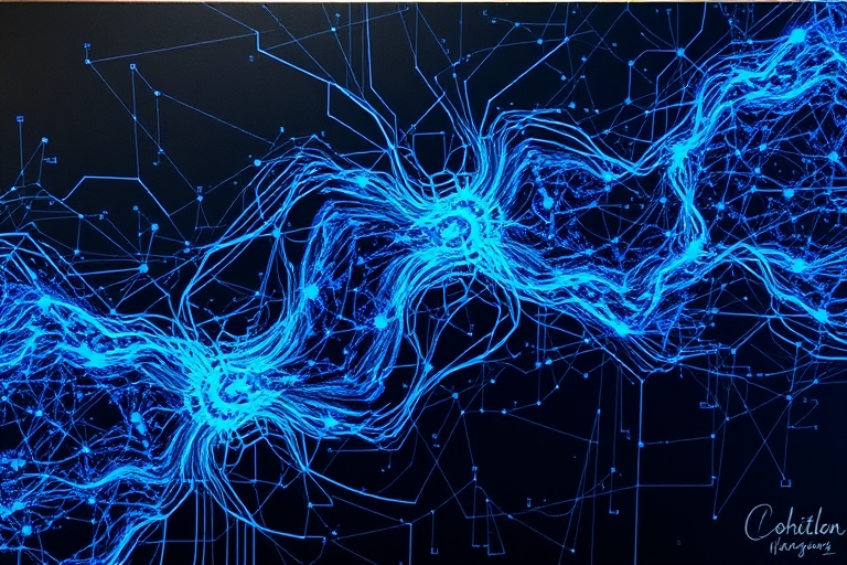 "A futuristic digital art canvas with vibrant electric blue and cyan circuit patterns overlayed on a dark background, swirling into abstract neural network shapes, with stylized handwriting scribbles 