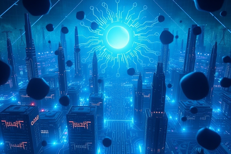 "A futuristic cityscape of circuit boards and microchips amidst an electric blue and cyan glow, with abstract neural networks and dark, organic shapes, illuminated by a bright, pulsing cyan orb amidst