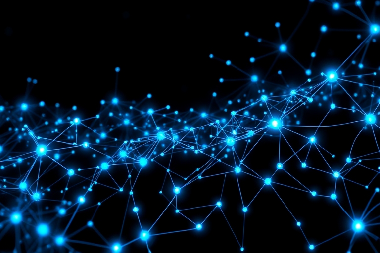 "Electric blue and cyan neural network circuitry swarms across a dark background, with glowing nodes and pulsing lines forming abstract, interconnected patterns, symbolizing seamless human-AI collabor