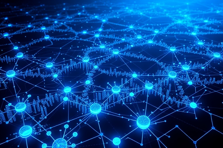 "A futuristic neural network sprawls across a dark, electric blue background, with pulsing cyan circuits and abstract nodes that resemble a cityscape. A series of glowing, algorithmic pathways converg