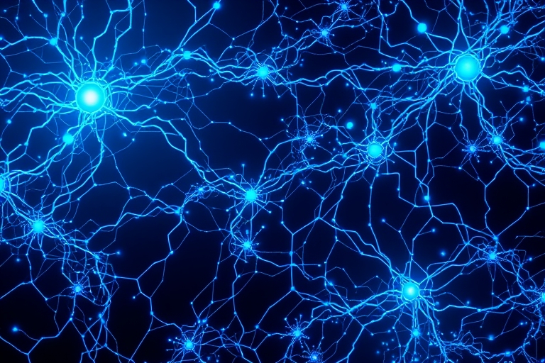 "Electric blue and cyan circuit patterns dance across a dark background, enveloping a sprawling neural network with glowing nodes and tendrils, as abstract data streams flow within the depths of a Lar