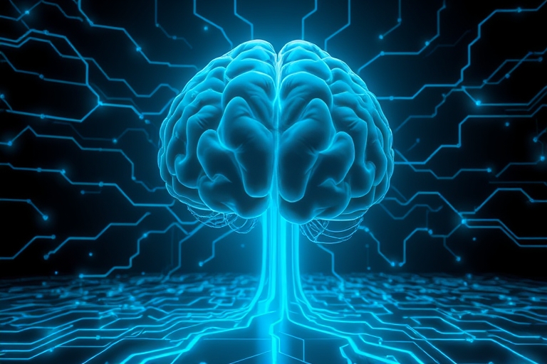 "A futuristic neural network landscape with electric blue and cyan circuit patterns swirling across a dark background. A large, abstract brain-like structure dominates the scene, with a narrow, glowin