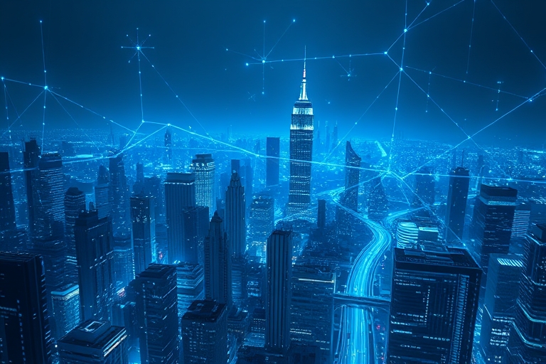 "Large neural networks sprawl across a darkened cityscape, illuminated by electric blue and cyan circuitry pulsating with data. Abstract shapes and glitch-art patterns override skyscrapers and roads, 