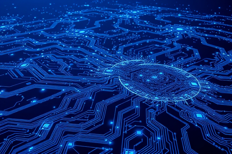 "A futuristic digital landscape of interconnected circuit boards and neural networks sprawled across a dark blue background, with electric blue and cyan accents and glowing lines, pulsing with energy.