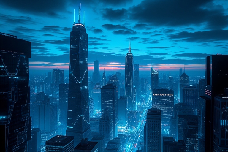 "A futuristic cityscape at dusk with skyscrapers and neon lights, electric blue and cyan hues dominating the dark background, circuit patterns and abstract neural networks integrated into the architec