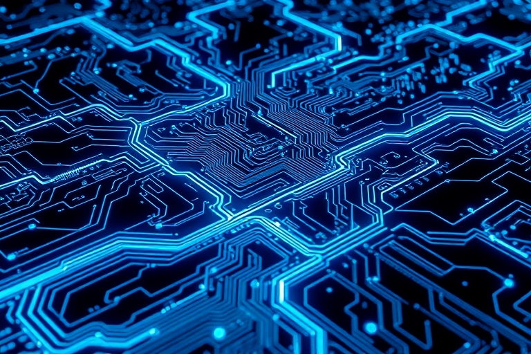 "A futuristic, neon-lit motherboard sprawls across a dark background, with swirling electric blue and cyan circuit patterns. Abstract neural networks and glowing wires intersect, forming a maze-like l