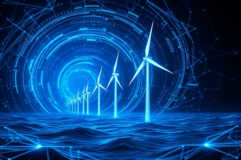 "Offshore wind turbines rise from the ocean, surrounded by a swirling vortex of electric blue and cyan circuit patterns. Abstract neural networks burst with energy, illuminating dark backgrounds in a 