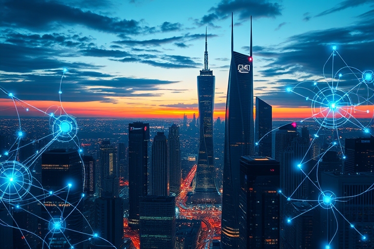 "A futuristic cityscape at dusk, with sleek skyscrapers and neon lights, surrounded by swirling electric blue and cyan circuit patterns. Abstract neural networks made of glowing wires and nodes hover 