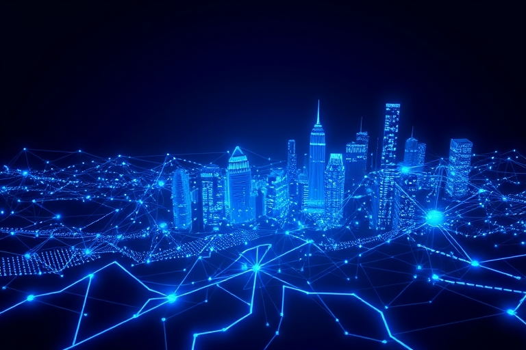 "A futuristic neural network sprawls across a dark blue background, with electric blue and cyan circuit patterns pulsing through its nodes. Abstract, glowing lines resemble a cityscape, with towering 