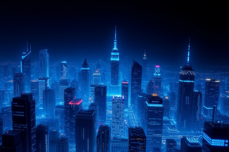 "A futuristic cityscape of interconnected circuitry and glowing code snippets against a dark blue background, with abstract neural networks and electric blue accents, set against a backdrop of sleek, 