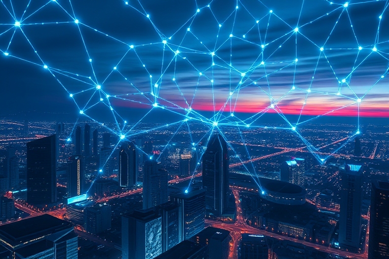 "A massive neural network sprawls across a futuristic cityscape at dusk, electric blue and cyan lights pulsing through circuitry as abstract nodes and synapses connect and glow, hinting at an infinite