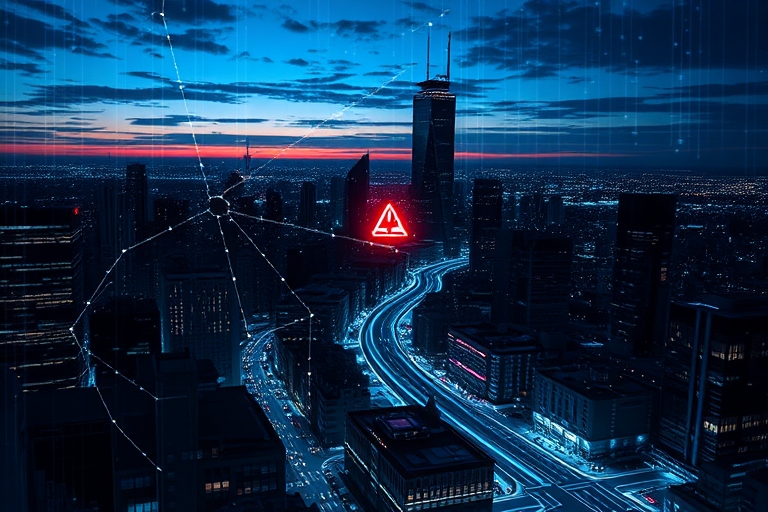 "A futuristic digital cityscape at dusk, with dark cityscape and electric blue and cyan circuit patterns overlayed with abstract neural network structures, a glowing red warning symbol amidst the infr