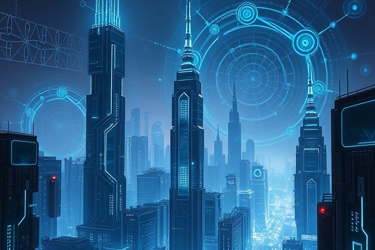 "A futuristic cityscape with towering circuit boards and neon-lit skyscrapers, abstract neural networks swirling in the background, electric blue and cyan hues, and dark tones, set against a backdrop 