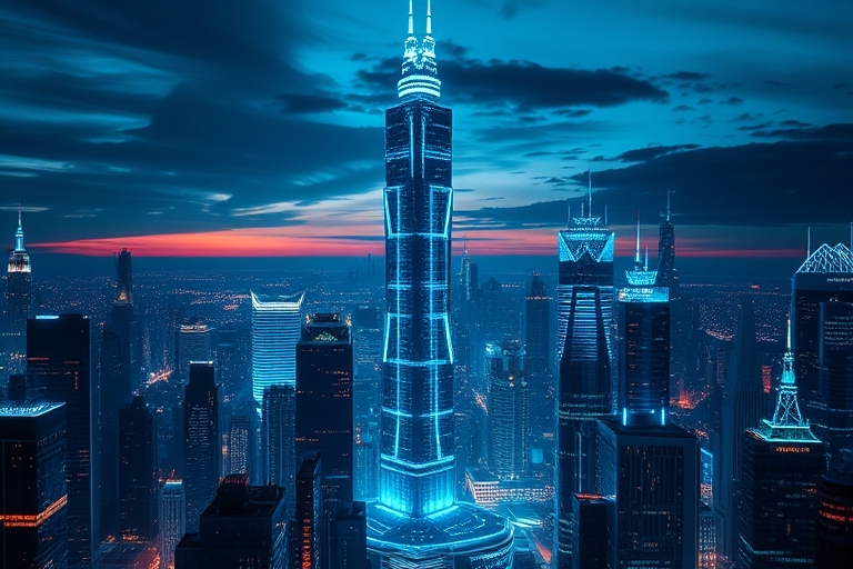 "A futuristic digital metropolis at dusk, with electric blue and cyan circuit patterns illuminating sleek skyscrapers, amidst a backdrop of abstract neural networks and dark space, with glowing neon a