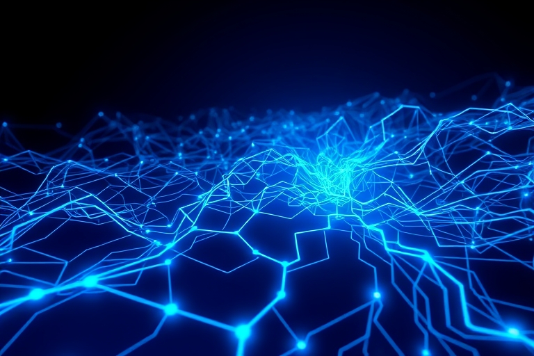 "A futuristic neural network sprawls across a dark blue background, illuminated by electric blue and cyan circuit patterns, with abstract lines and nodes pulsing with energy, as a glowing cyan pathway