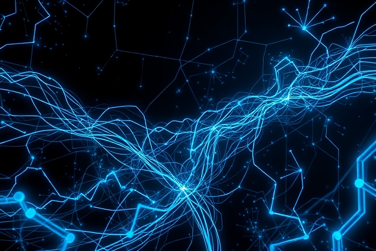 "A futuristic terminal landscape with glowing electric blue and cyan circuit lines and wires, surrounded by swirling abstract neural network patterns on a dark background, with hints of Lua code snipp