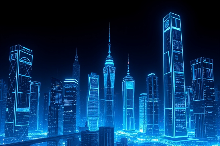 "A futuristic cityscape at night with electric blue and cyan circuit patterns illuminating the skyscrapers, set against a dark background, with abstract neural networks and glowing wires forming a maz