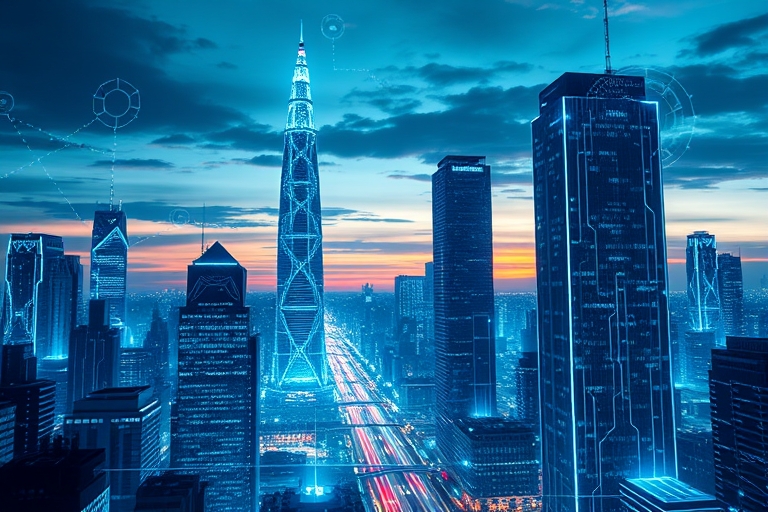 "Rendering a futuristic cityscape at dusk with electric blue and cyan skyscrapers and circuit patterns integrated into the architecture, surrounded by abstract neural networks and glowing blue circuit