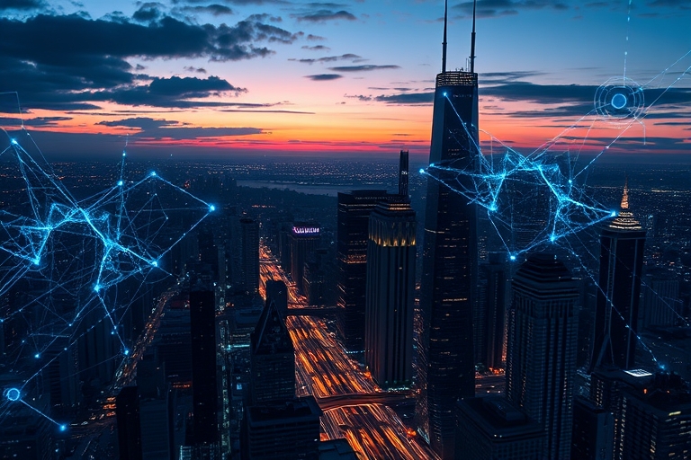 "A futuristic cityscape at dusk, with towering skyscrapers and neon-lit circuit patterns on dark backgrounds, abstract neural networks swirling with electric blue and cyan hues, illuminated by glowing