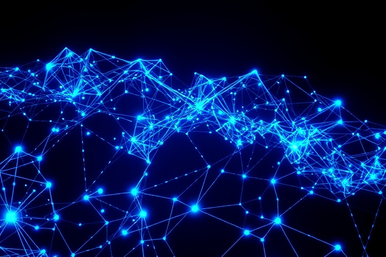 "A futuristic neural network sprawls across a dark blue background, electric blue and cyan circuit patterns pulsating with energy, abstract nodes and synapses weaving together like a cosmic web, surro