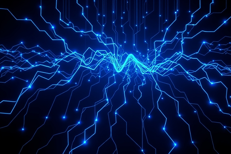 "A futuristic neural network sprawls across a dark blue background, illuminated by electric blue and cyan circuit patterns. Abstract digital tendrils weave through a maze of glowing wires, forming a m